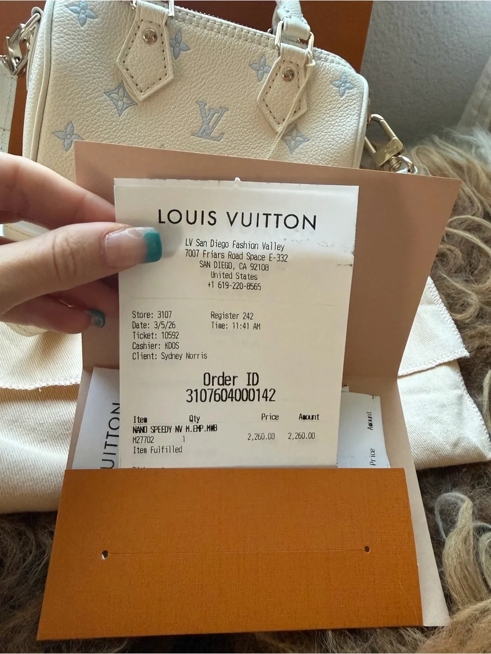 Louis Vuitton White Mini Speedy with Light Blue Monogram